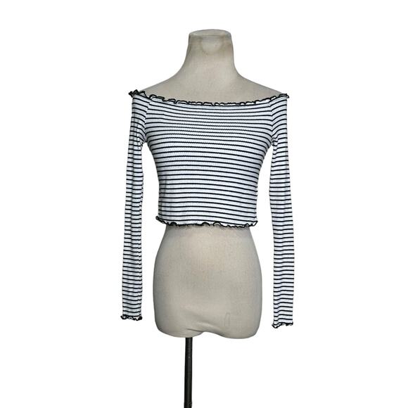 H&M white black stripes long sleeves crop knit top size Small - Picture 8 of 11